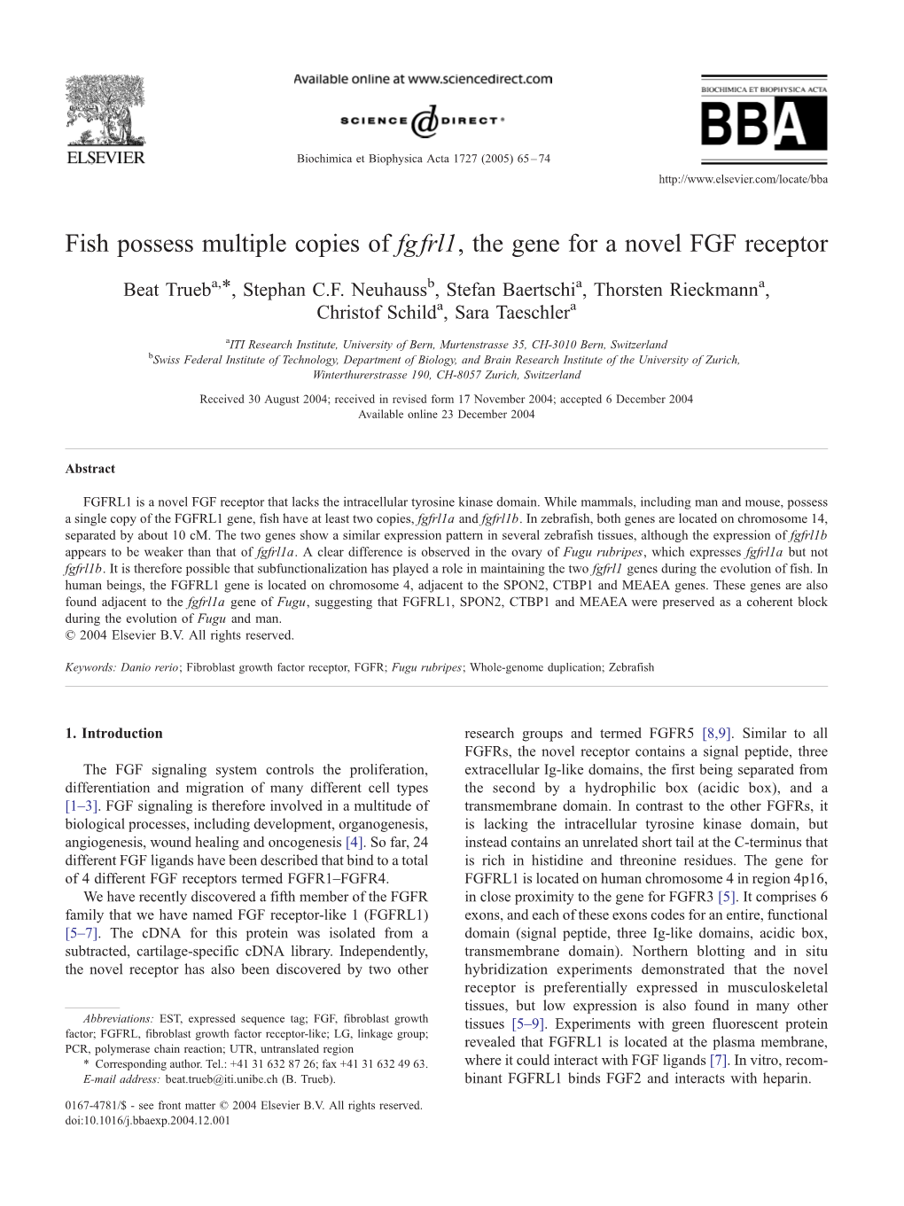 Fish Possess Multiple Copies of Fgfrl1, the Gene for a Novel FGF Receptor