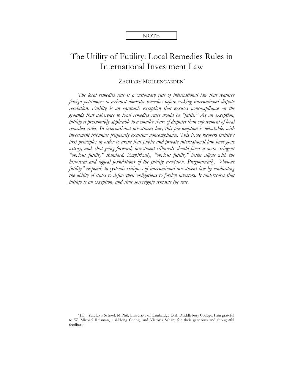 The Utility of Futility: Local Remedies Rules in International Investment Law