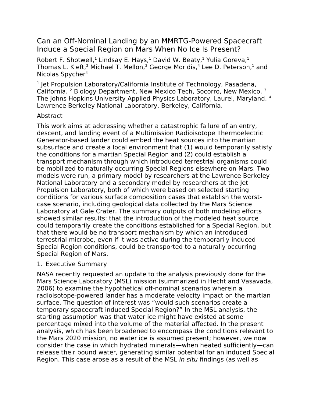 Can an Off-Nominal Landing by an MMRTG-Powered Spacecraft Induce a Special Region on Mars When No Ice Is Present? Robert F