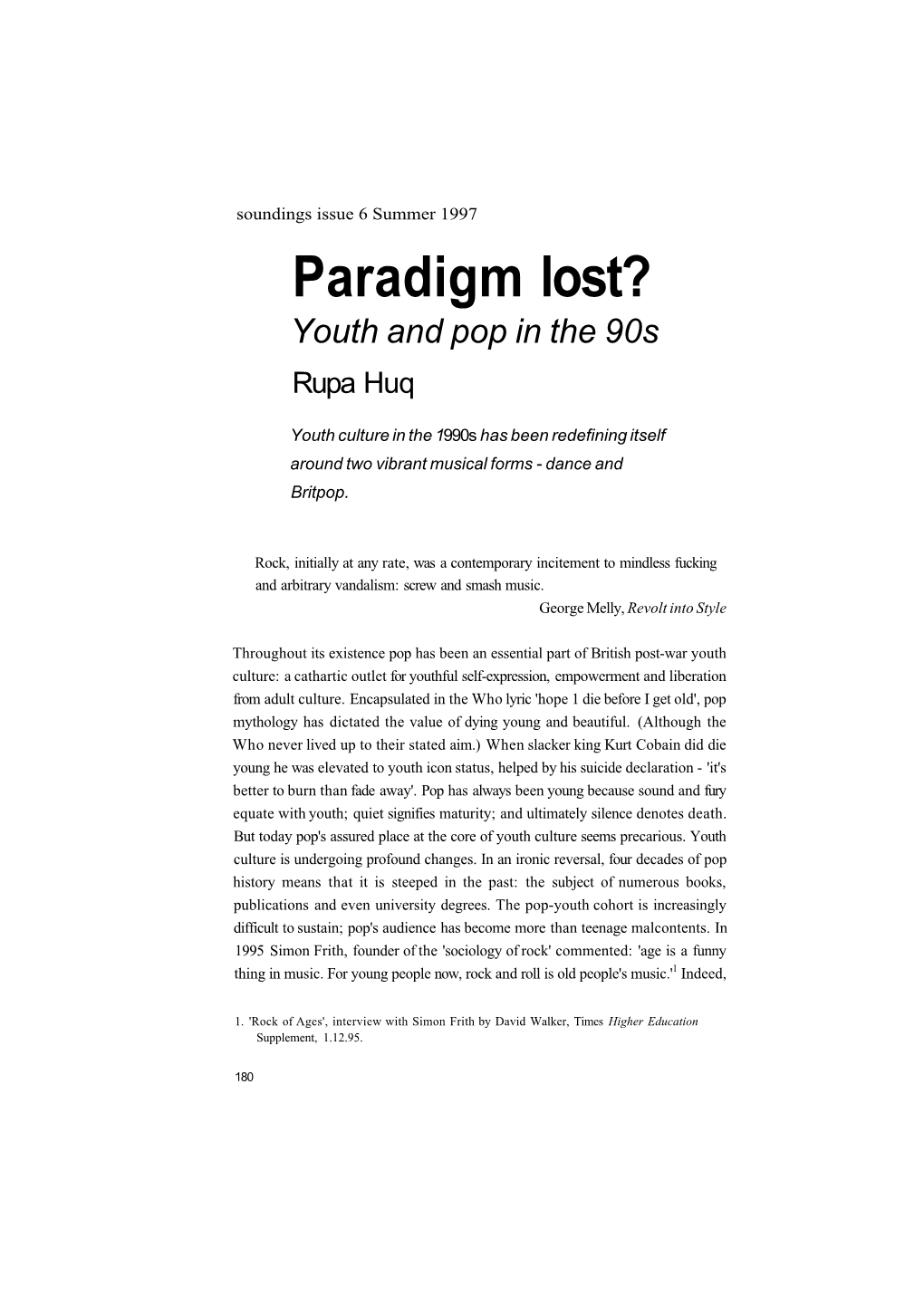 Paradigm Lost? Youth and Pop in the 90S Rupa Huq