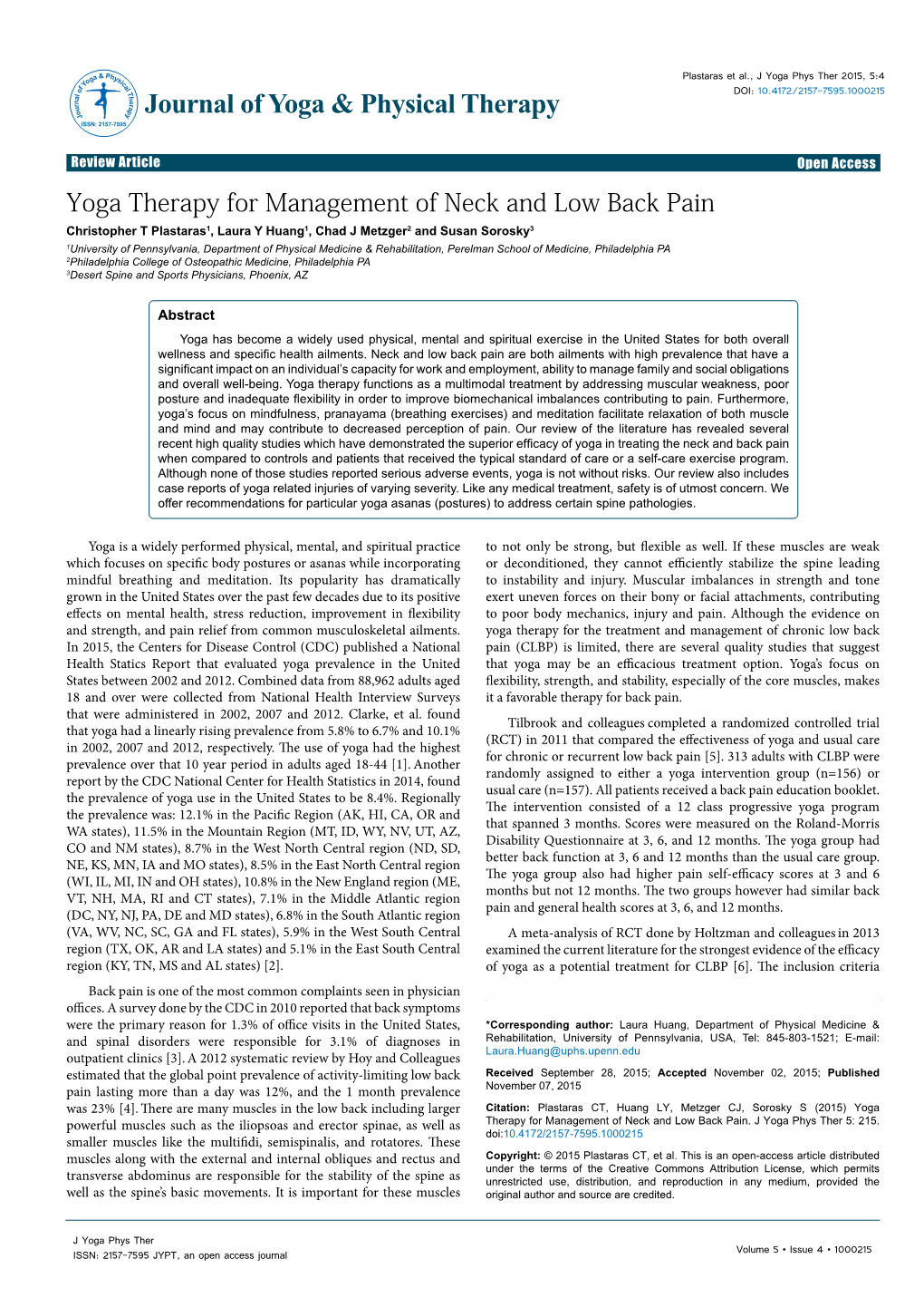 Yoga Therapy for Management of Neck and Low Back Pain