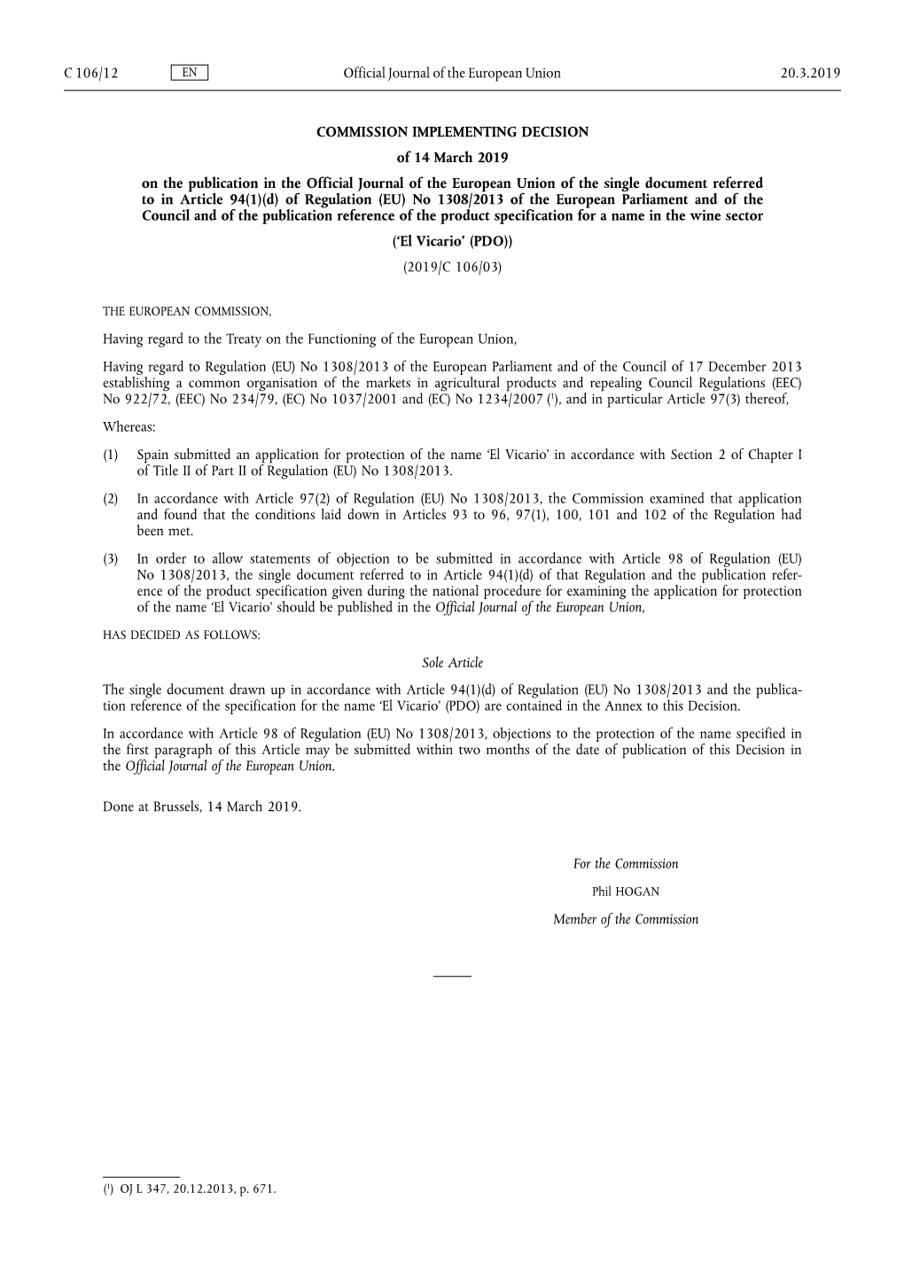 Commission Implementing Decision of 14 March 2019 on the Publication