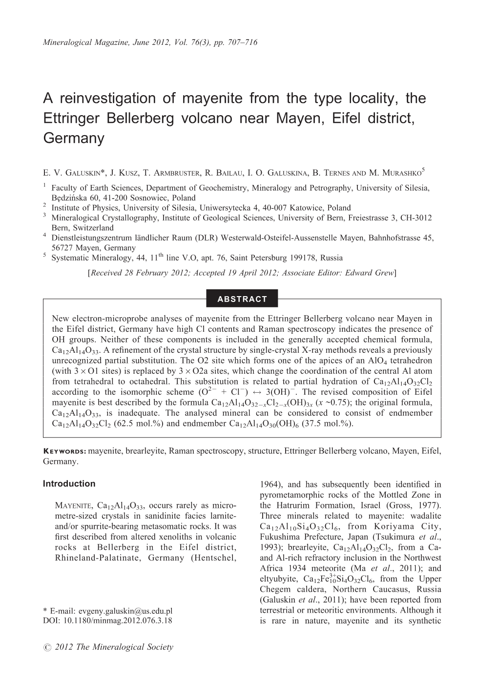 A Reinvestigation of Mayenite from the Type Locality, the Ettringer Bellerberg Volcano Near Mayen, Eifel District, Germany