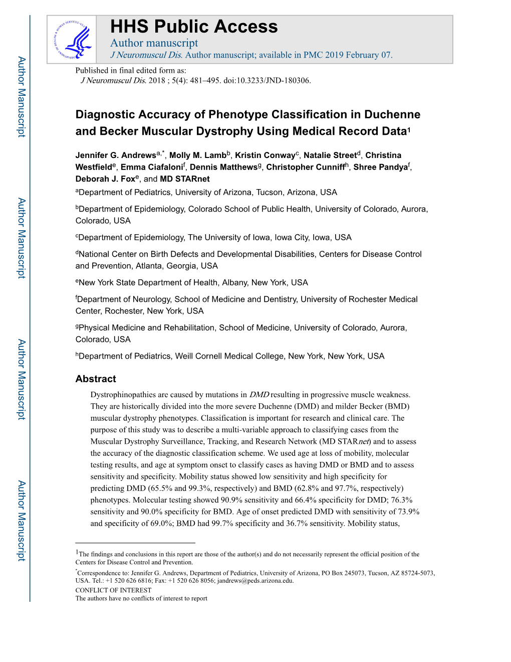 Diagnostic Accuracy of Phenotype Classification in Duchenne and Becker Muscular Dystrophy Using Medical Record Data1