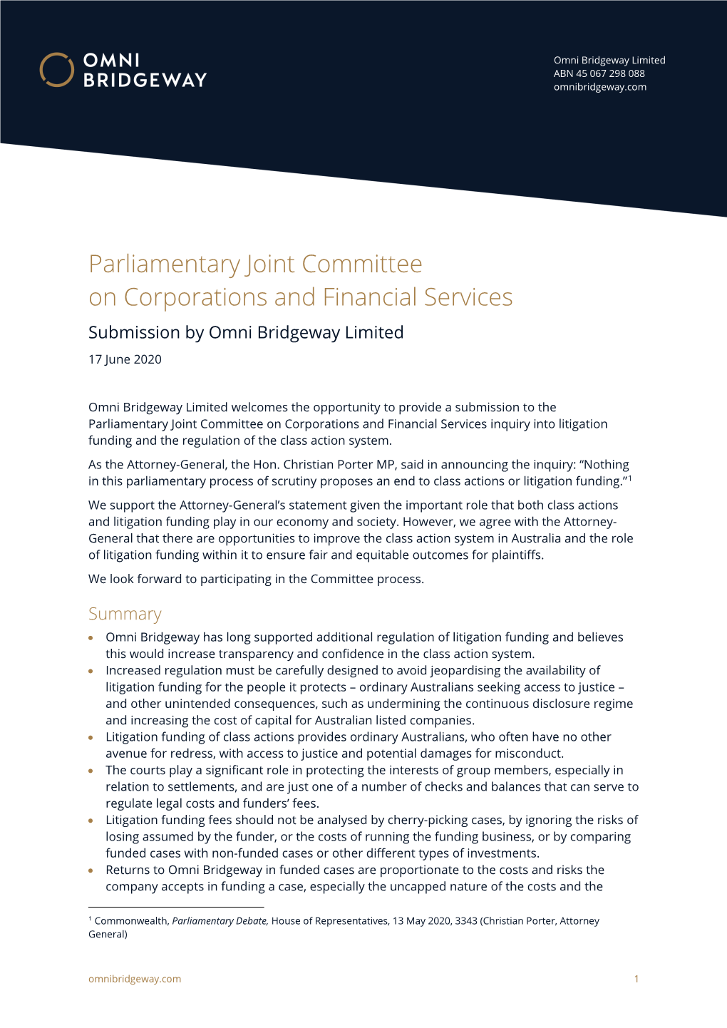 Parliamentary Joint Committee on Corporations and Financial Services Submission by Omni Bridgeway Limited 17 June 2020