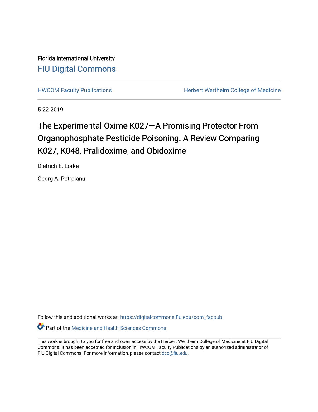 The Experimental Oxime K027—A Promising Protector from Organophosphate Pesticide Poisoning