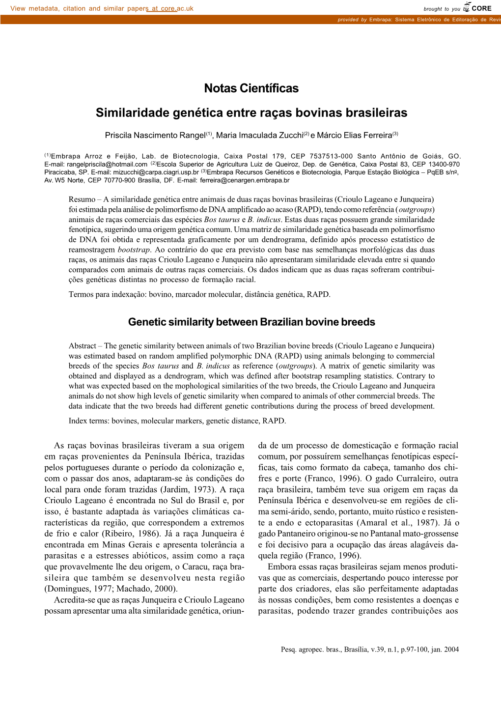 Notas Científicas Similaridade Genética Entre Raças Bovinas Brasileiras