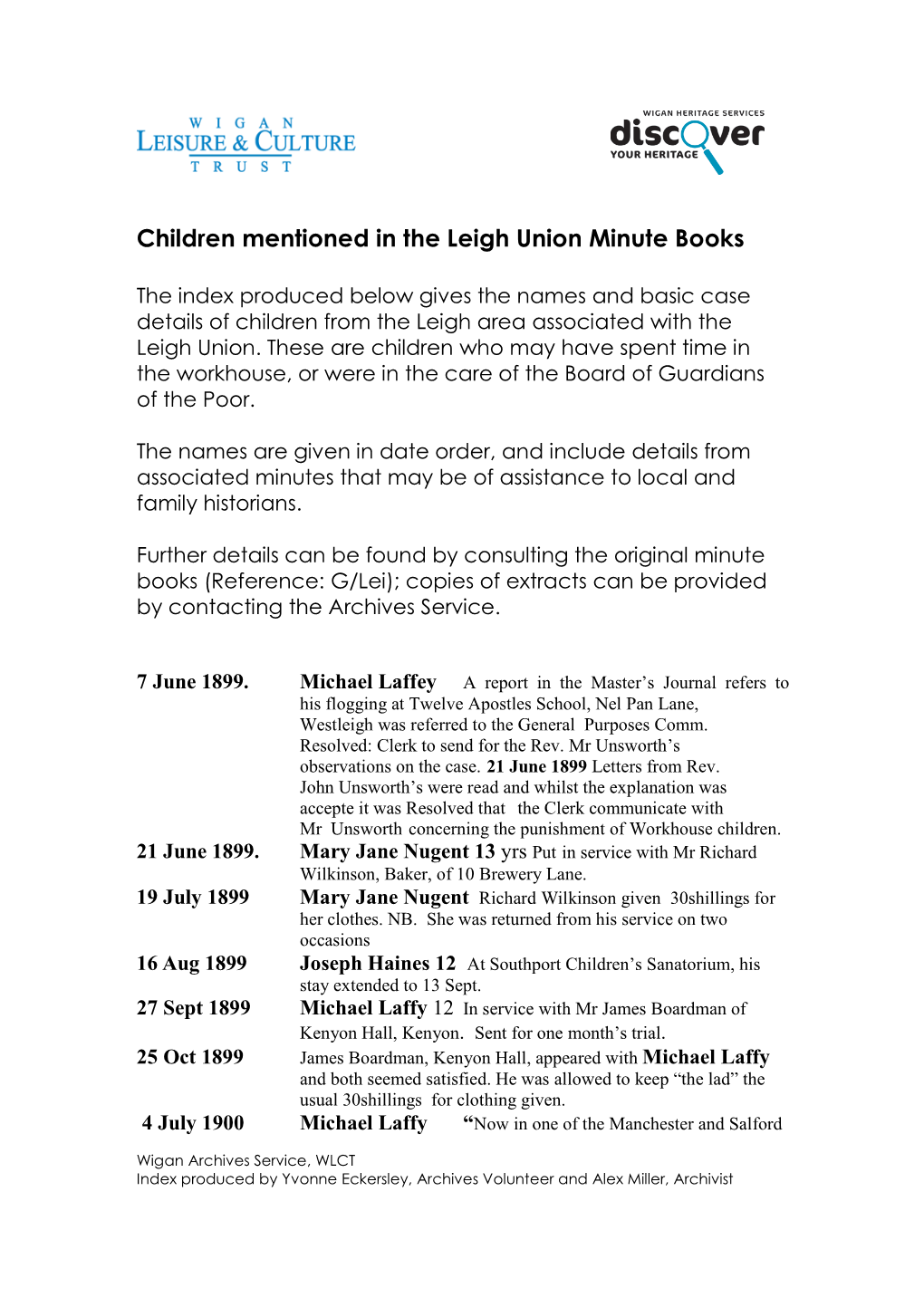 G.Lei Children Mentioned in Leigh Union Minutes