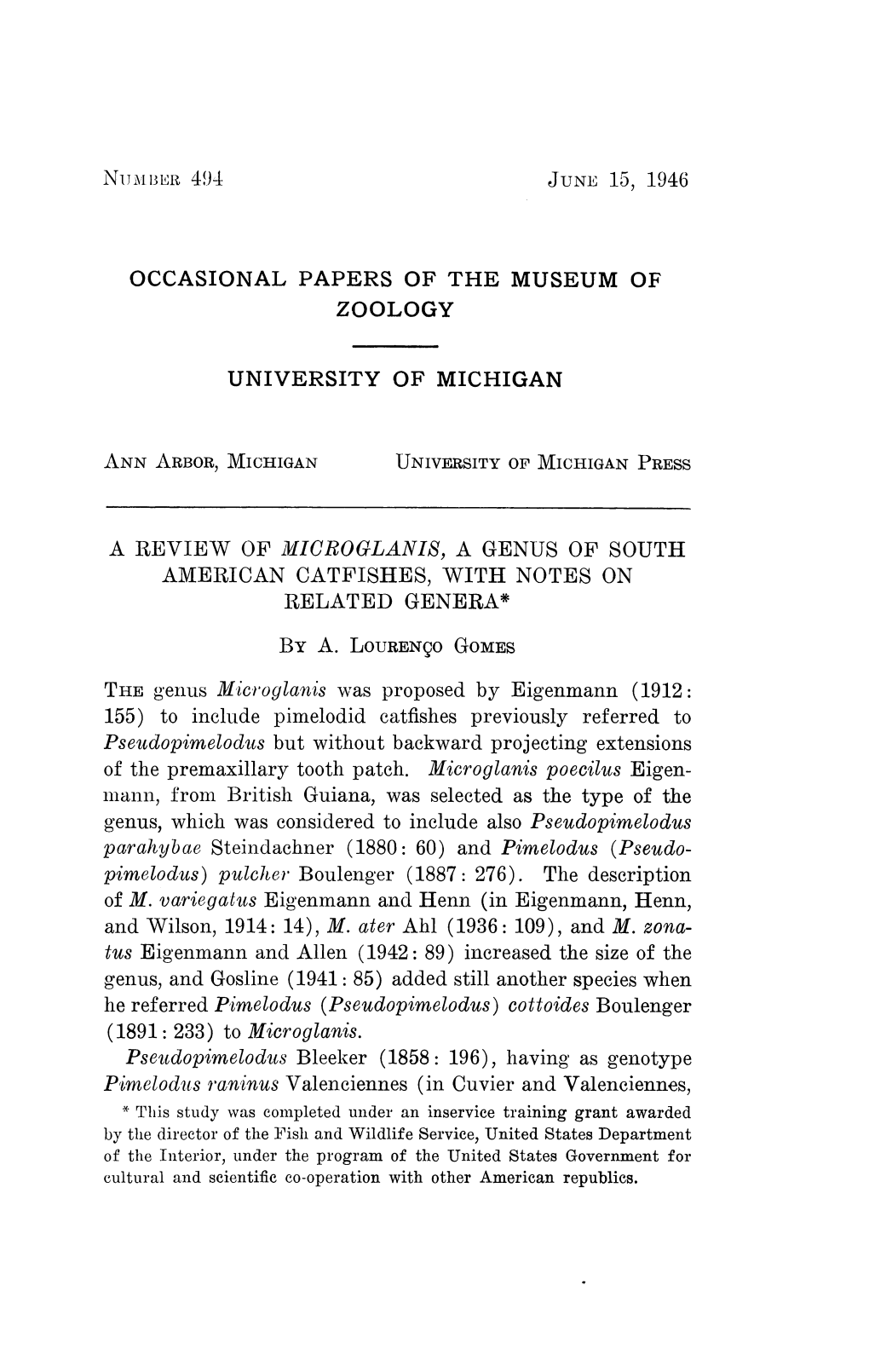 Occasional Papers of the Museum of Zoology