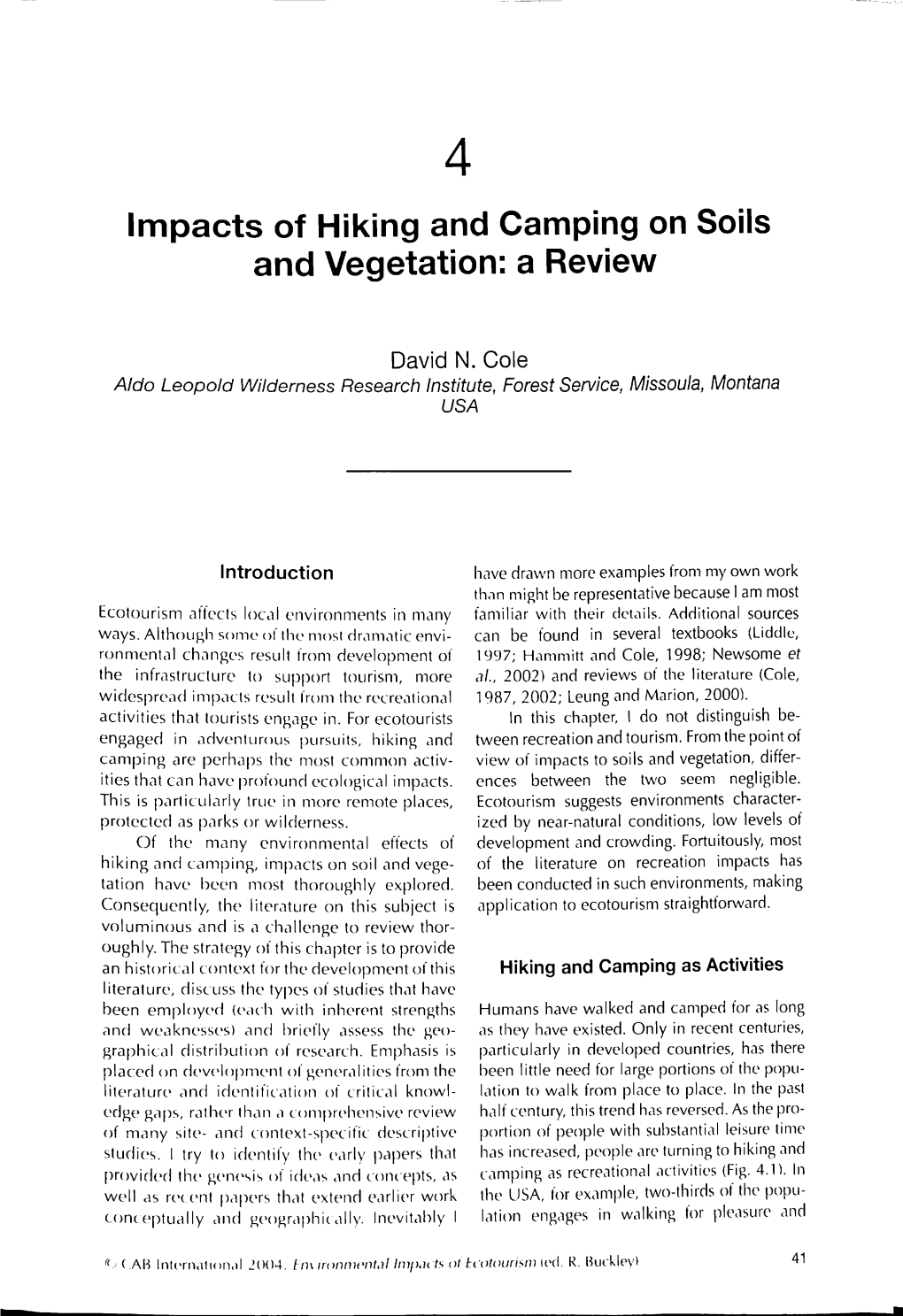 Impacts of Hiking and Camping on Soils and Vegetation: a Review