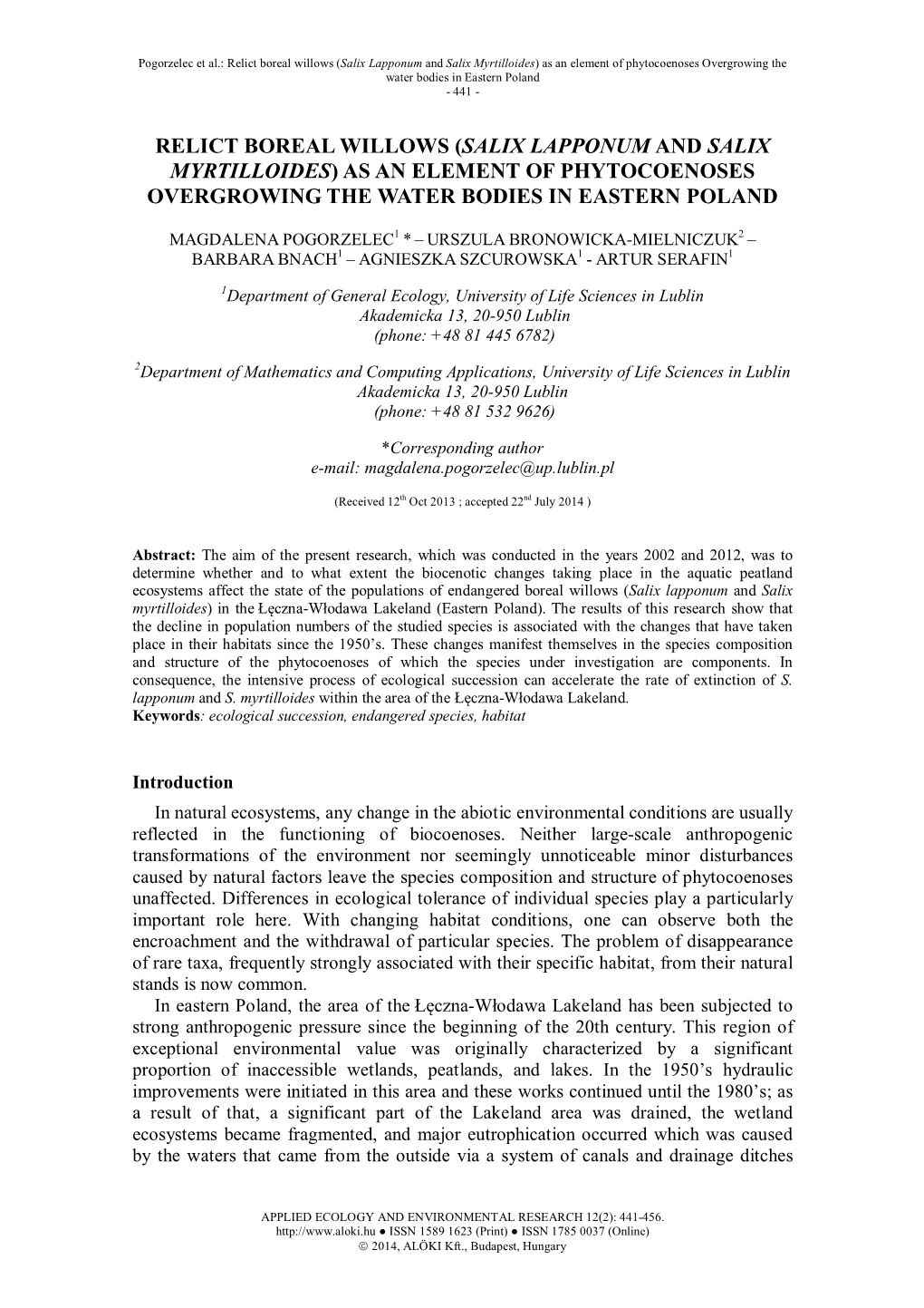 Relict Boreal Willows (Salix Lapponum and Salix Myrtilloides) As an Element of Phytocoenoses Overgrowing the Water Bodies in Eastern Poland - 441