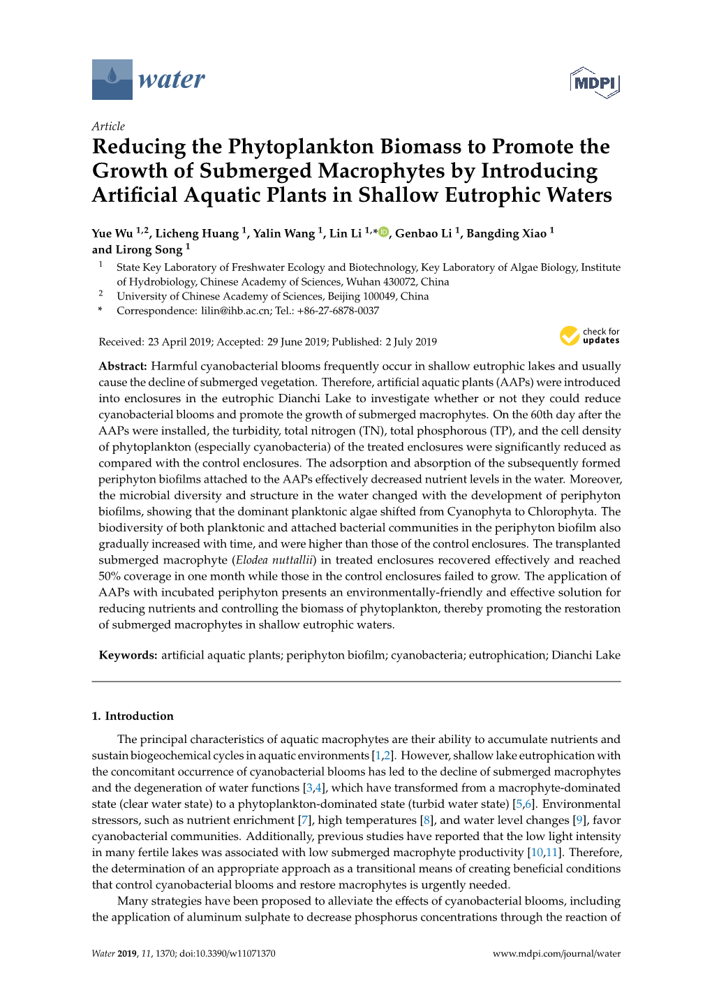 Reducing the Phytoplankton Biomass to Promote the Growth of Submerged Macrophytes by Introducing Artiﬁcial Aquatic Plants in Shallow Eutrophic Waters