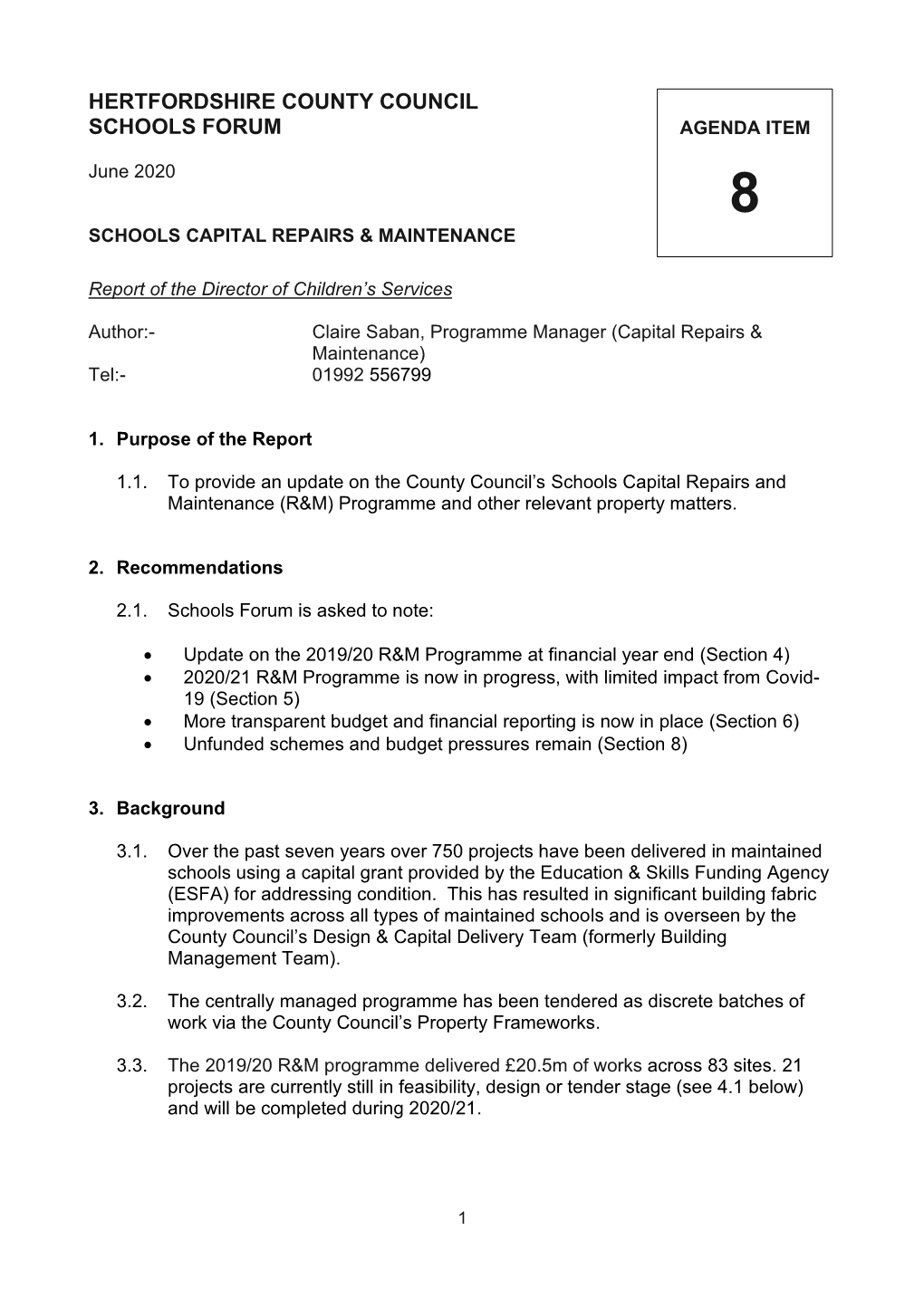 Hertfordshire County Council Schools Forum Agenda Item