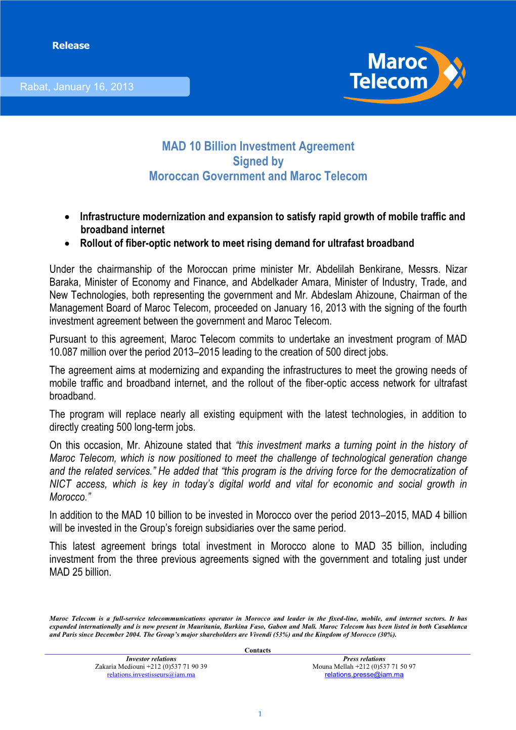 MAD 10 Billion Investment Agreement Signed by Moroccan Government and Maroc Telecom