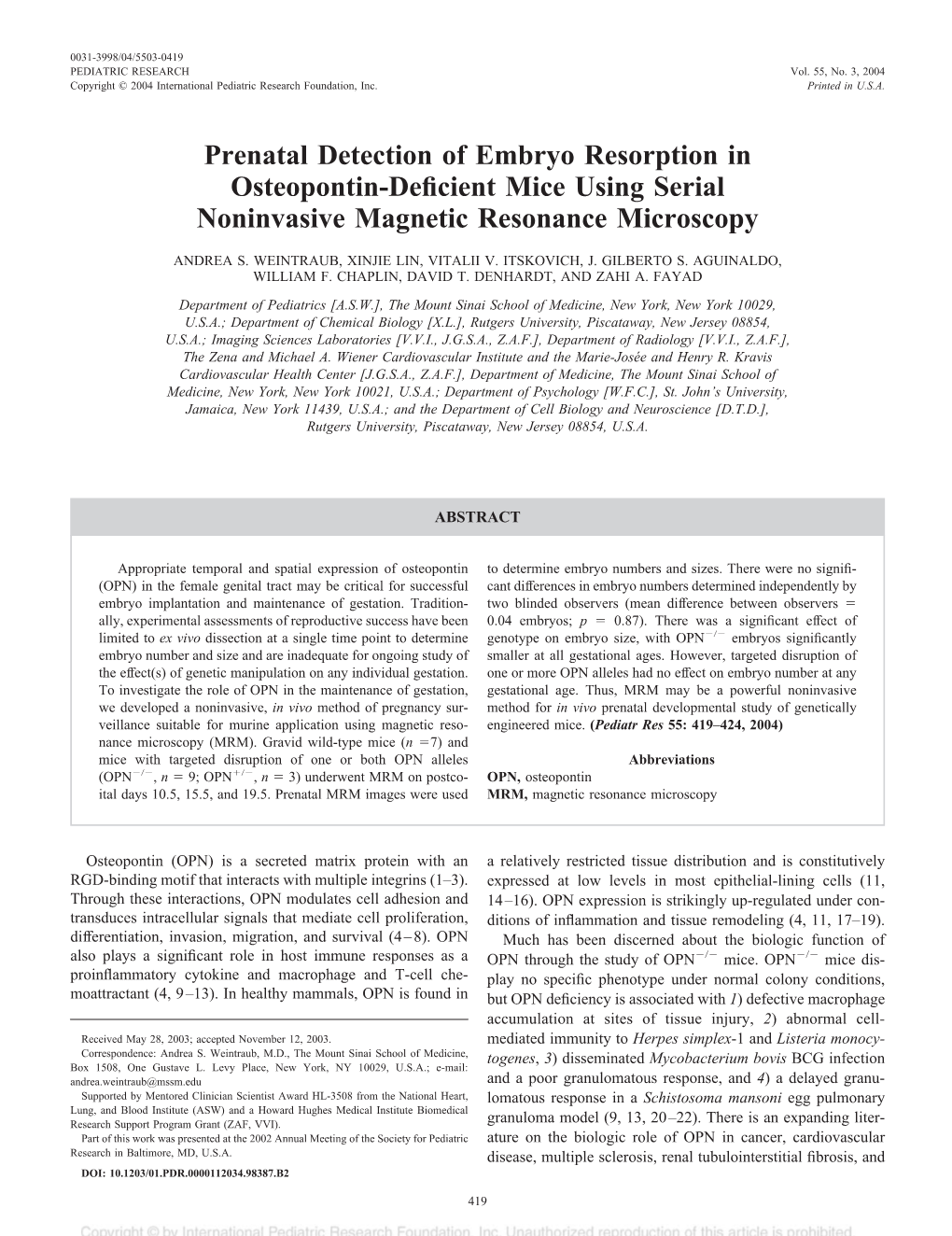 Prenatal Detection of Embryo Resorption in Osteopontin-Deficient