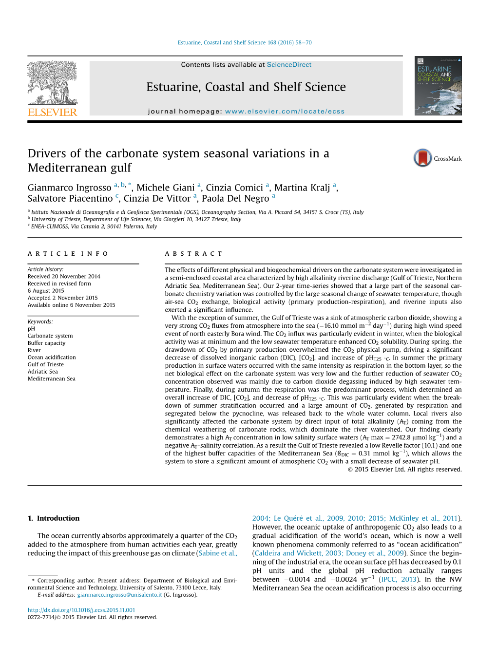 Drivers of the Carbonate System Seasonal Variations in a Mediterranean Gulf