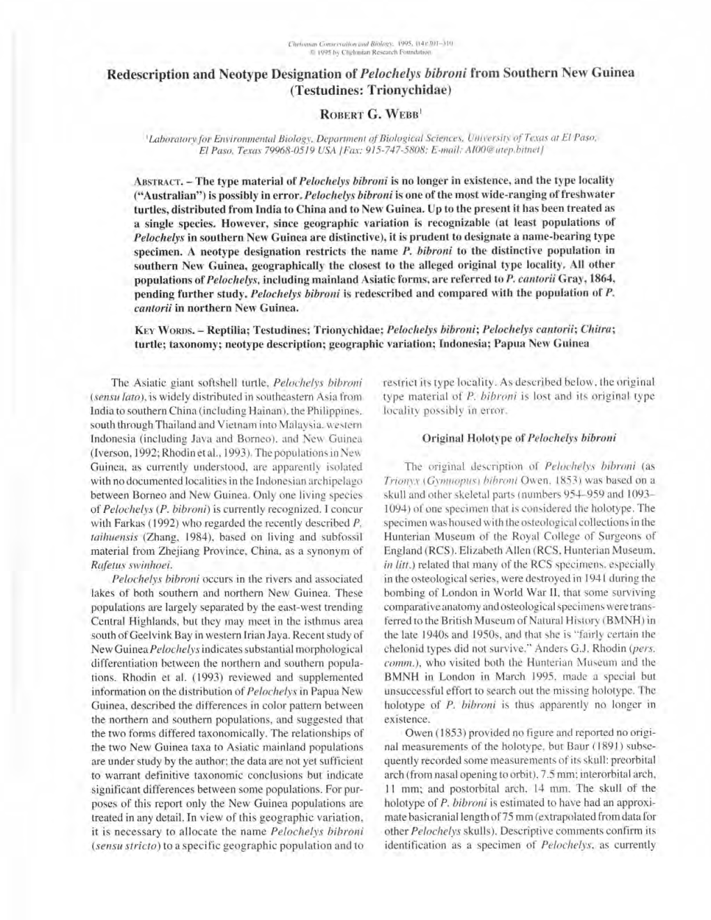 Redescription and Neotype Designation Of. Pelochelys Bibroni from Southern New Guinea (Testudines: Trionychidae) Ronnnr G