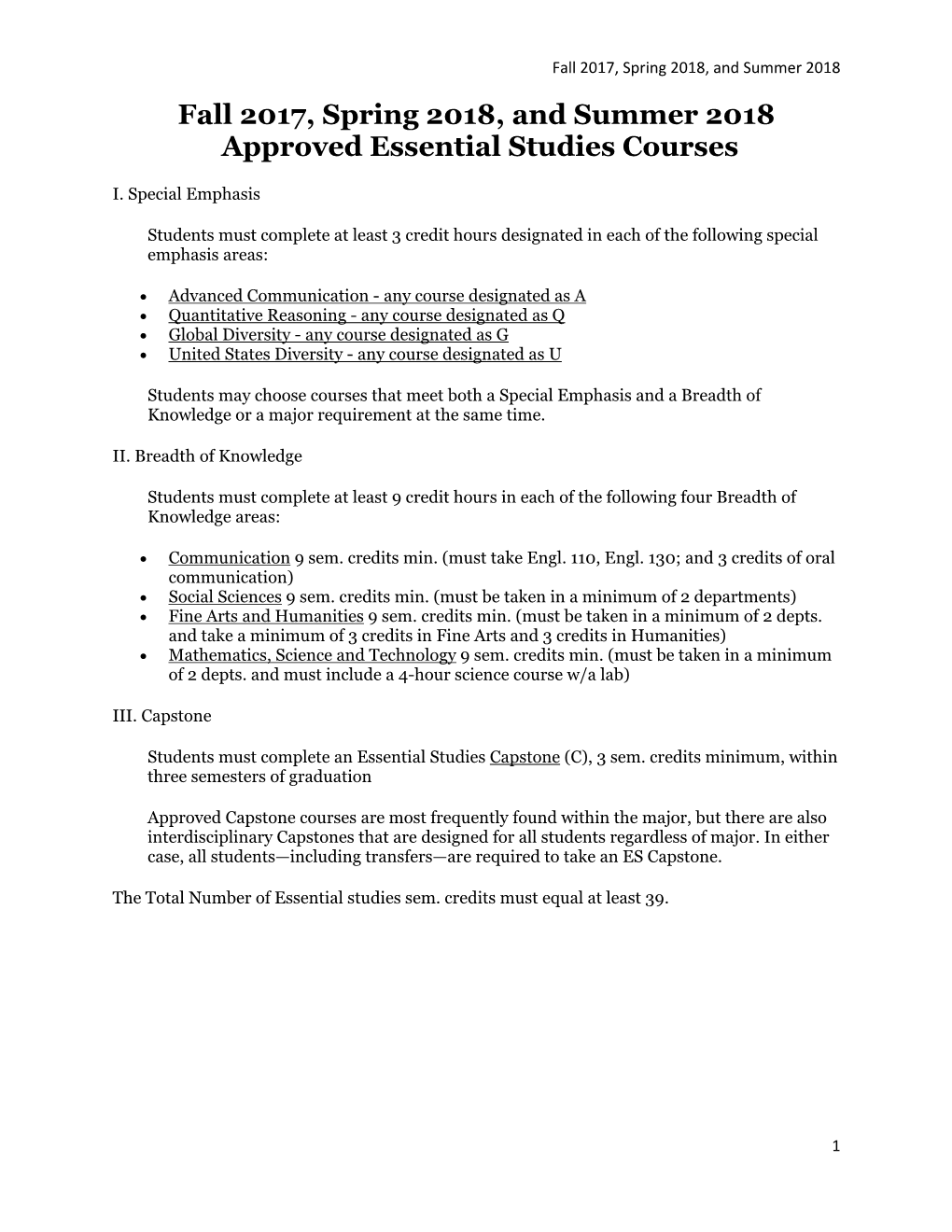 Fall 2017, Spring 2018, and Summer 2018 Approved Essential Studies Courses