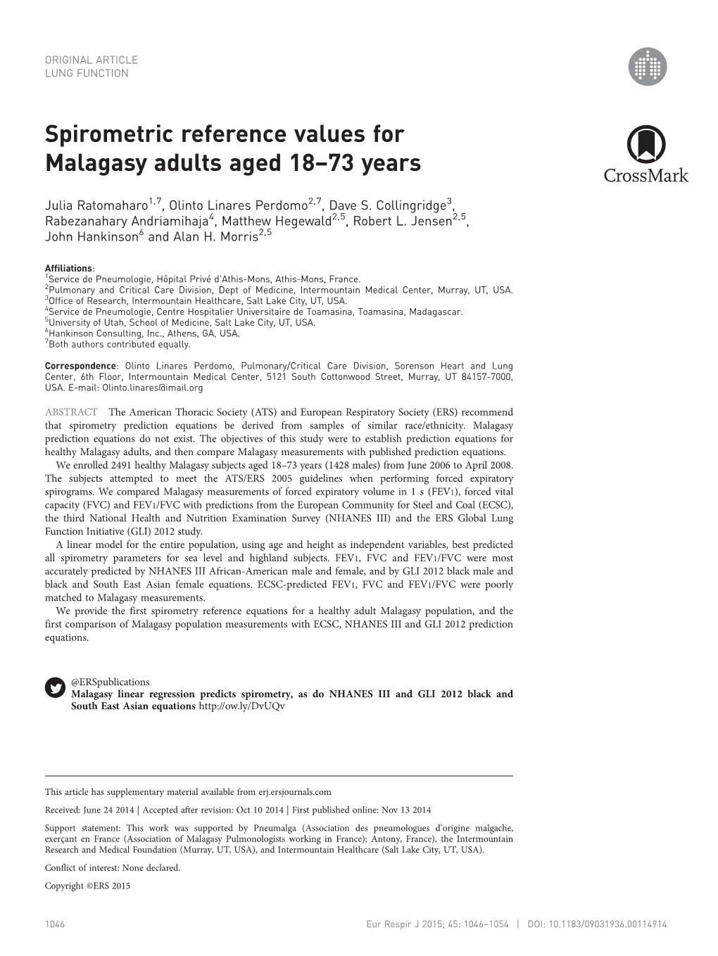 Spirometric Reference Values for Malagasy Adults Aged 18–73 Years