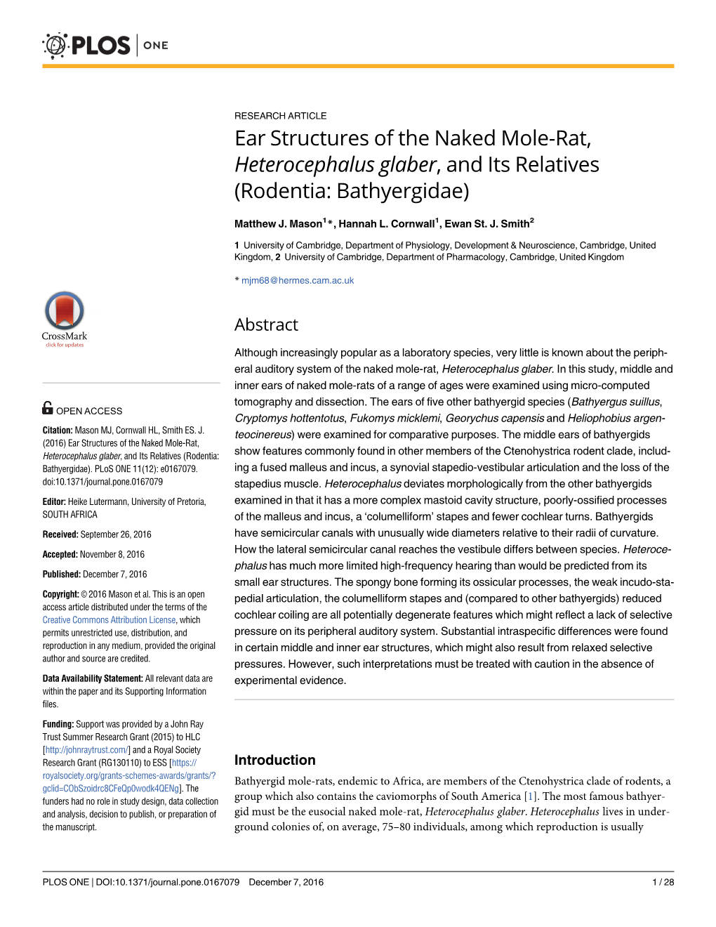 Ear Structures of the Naked Mole-Rat, Heterocephalus Glaber, and Its Relatives (Rodentia: Bathyergidae)