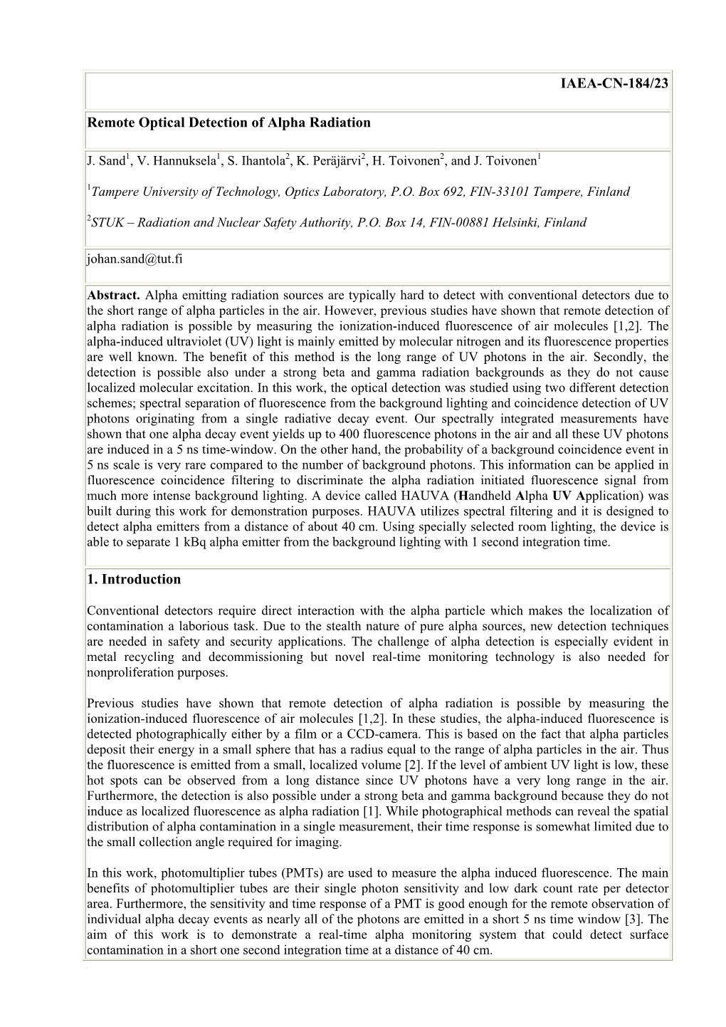 Remote Optical Detection of Alpha Radiation