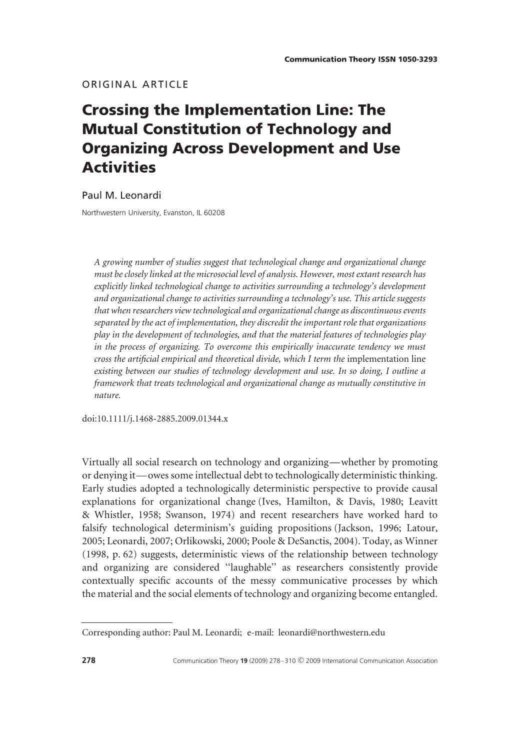Crossing the Implementation Line: the Mutual Constitution of Technology and Organizing Across Development and Use Activities