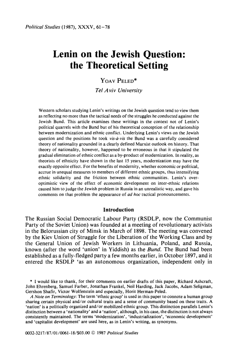 Lenin on the Jewish Question: the Theoretical Setting YOAVPELED* Tel Aviv University