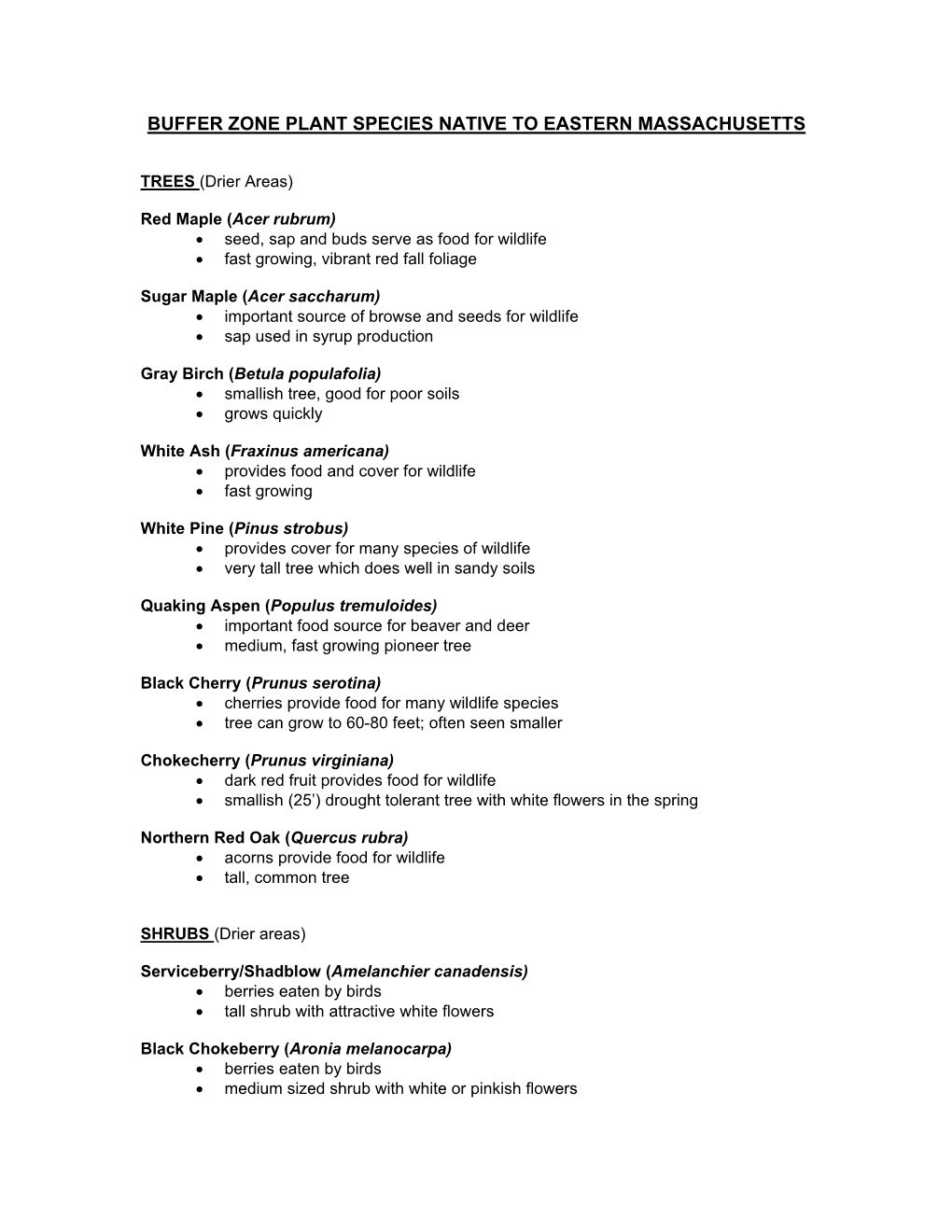 Recommended Buffer Zone Plantings