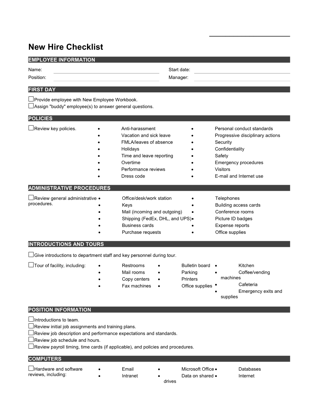 New Employee Orientation Checklist