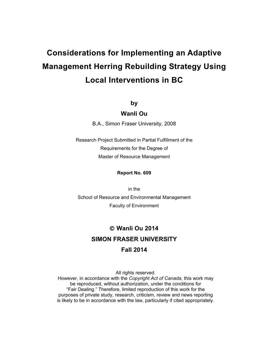 Considerations for Implementing an Adaptive Management Herring Rebuilding Strategy Using Local Interventions in BC