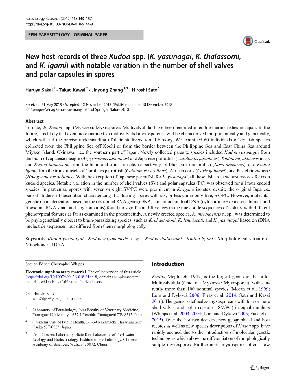 New Host Records of Three Kudoa Spp. (K. Yasunagai, K. Thalassomi, and K