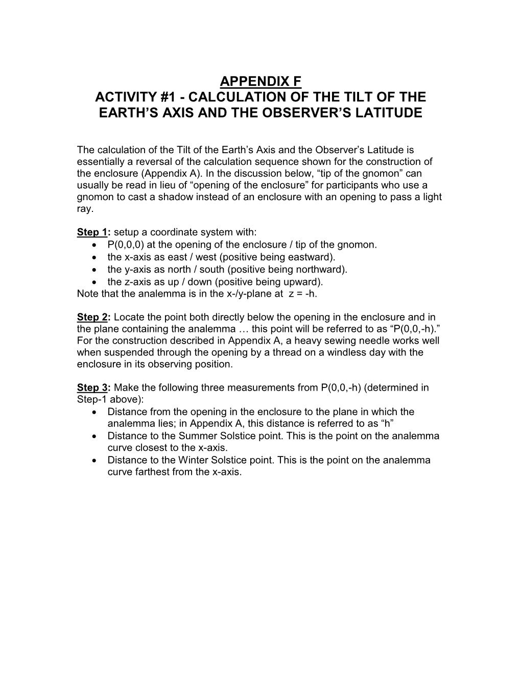 Appendix F Activity #1 - Calculation of the Tilt of the Earth’S Axis and the Observer’S Latitude