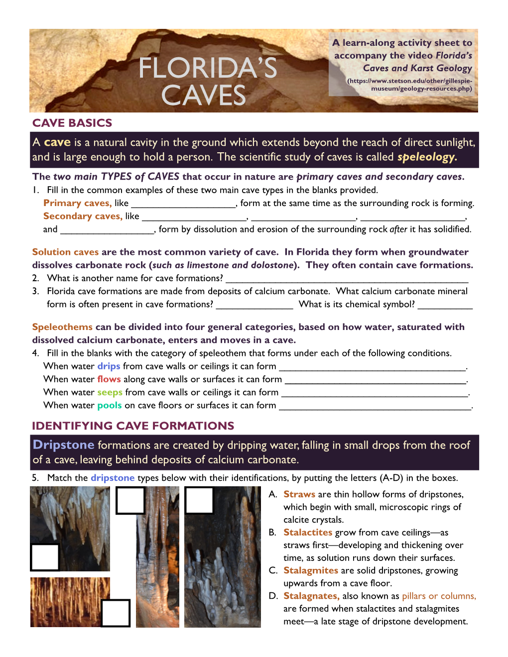 Caves and Cave Formations Worksheet