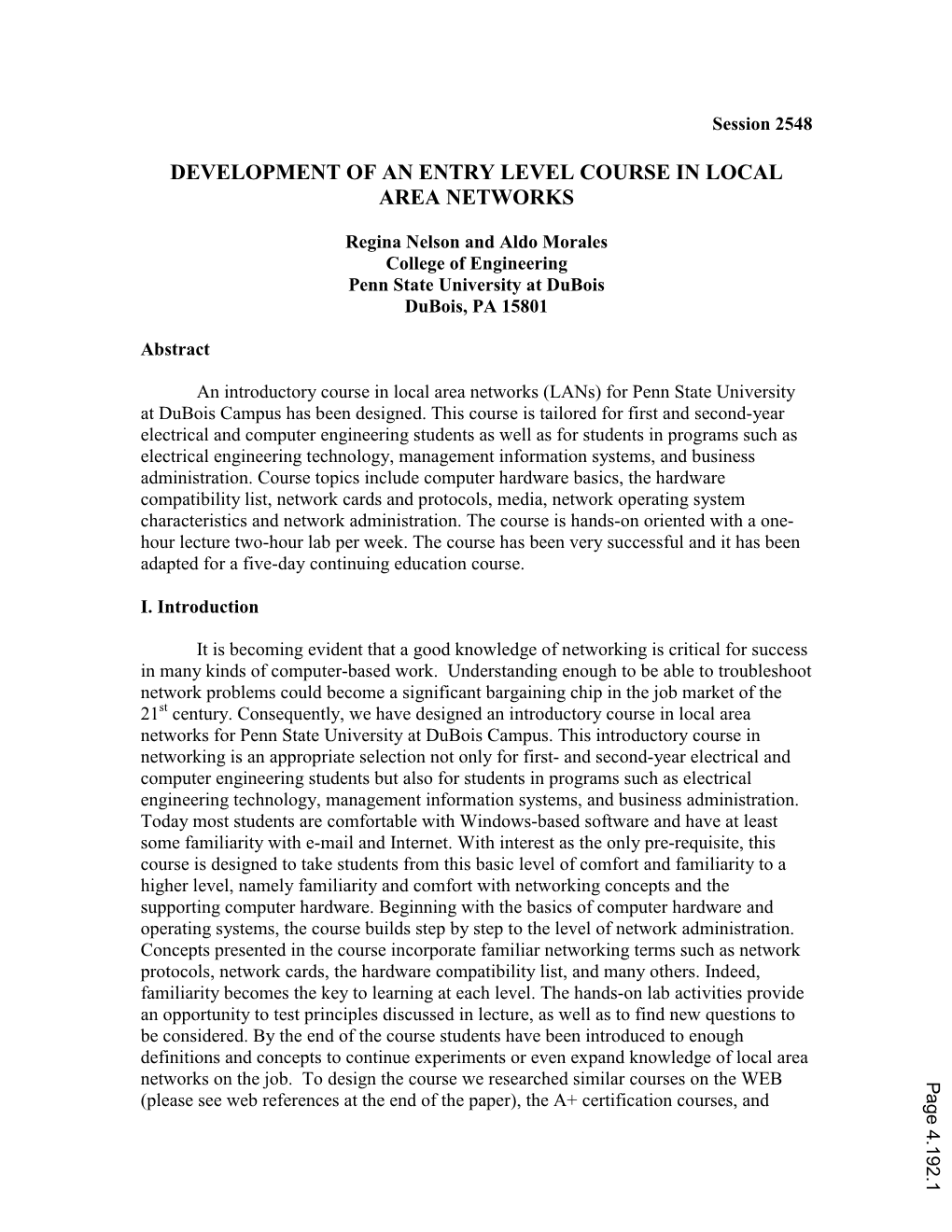 Development of an Entry Level Course in Local Area Networks
