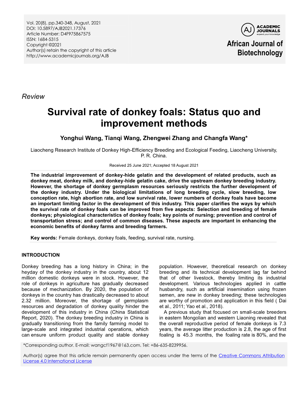 Survival Rate of Donkey Foals: Status Quo and Improvement Methods