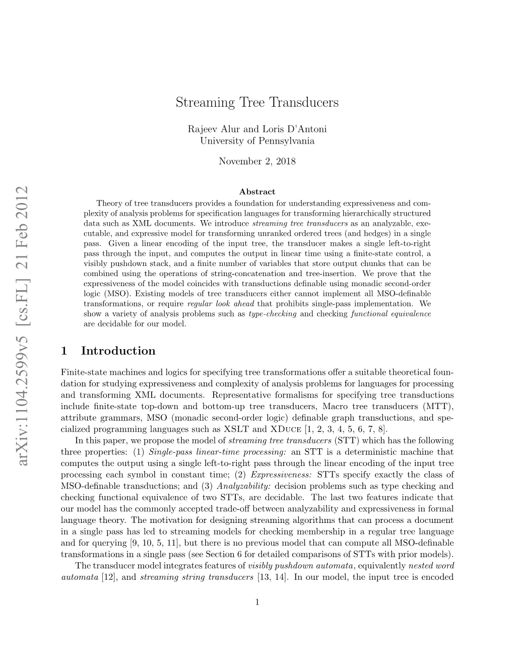 Streaming Tree Transducers