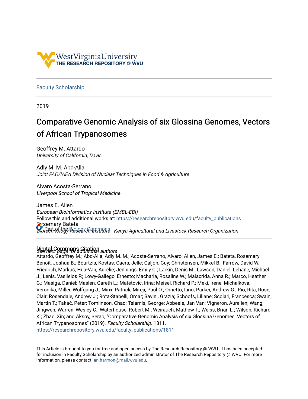 Comparative Genomic Analysis of Six Glossina Genomes, Vectors of African Trypanosomes