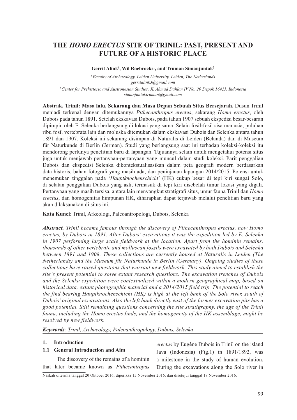 The Homo Erectus Site of Trinil: Past, Present and Future of a Historic Place