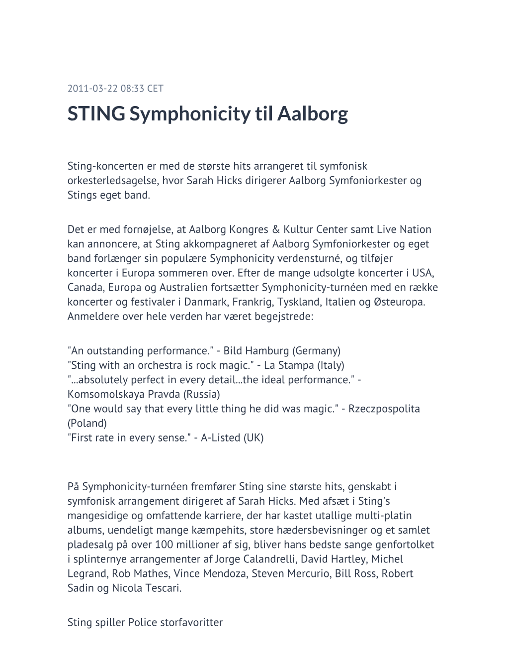 STING Symphonicity Til Aalborg