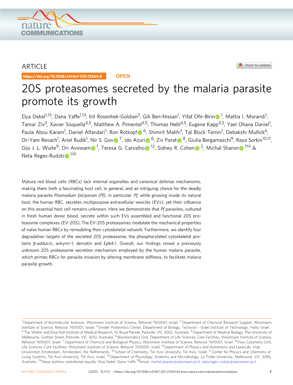 20S Proteasomes Secreted by the Malaria Parasite Promote Its Growth