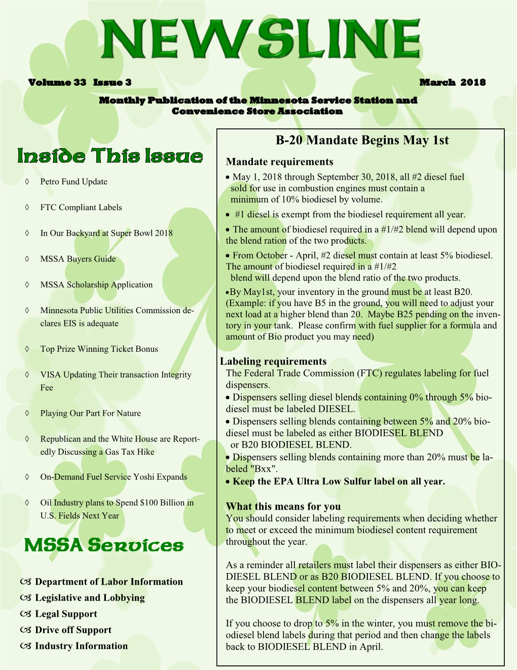 MSSA Services As a Reminder All Retailers Must Label Their Dispensers As Either BIO-  Department of Labor Information DIESEL BLEND Or As B20 BIODIESEL BLEND