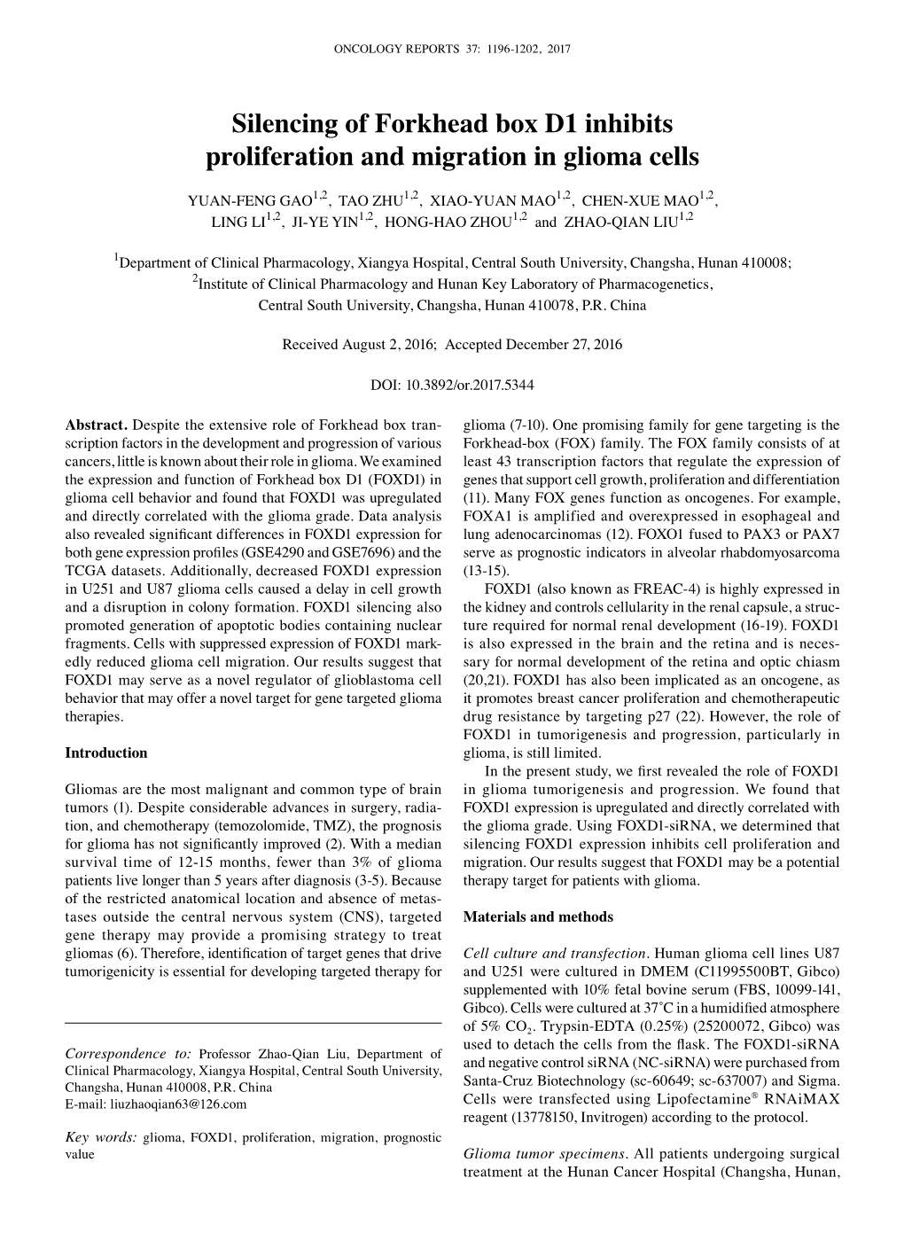 Silencing of Forkhead Box D1 Inhibits Proliferation and Migration in Glioma Cells