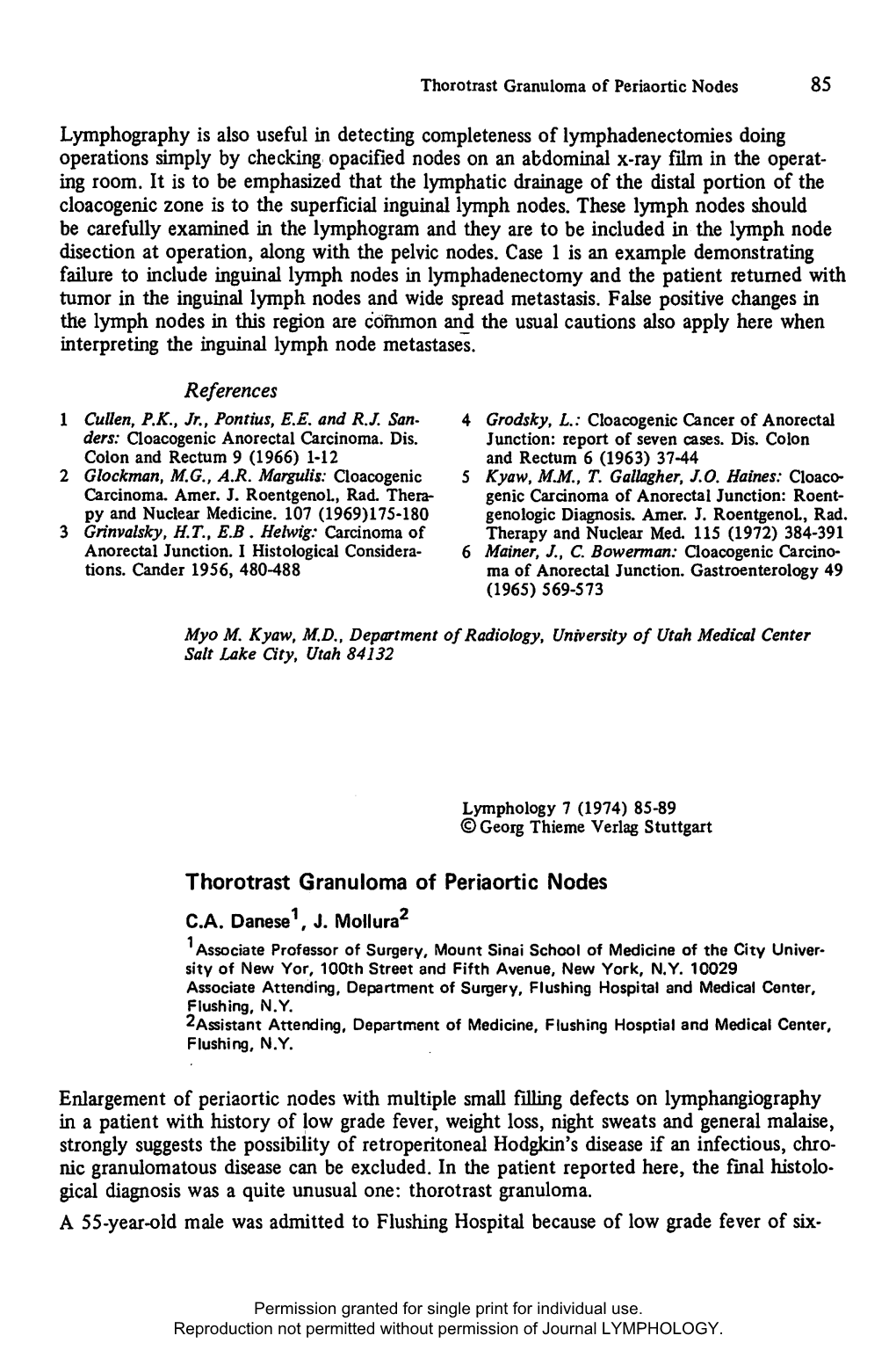 References Thorotrast Granuloma of Periaortic Nodes