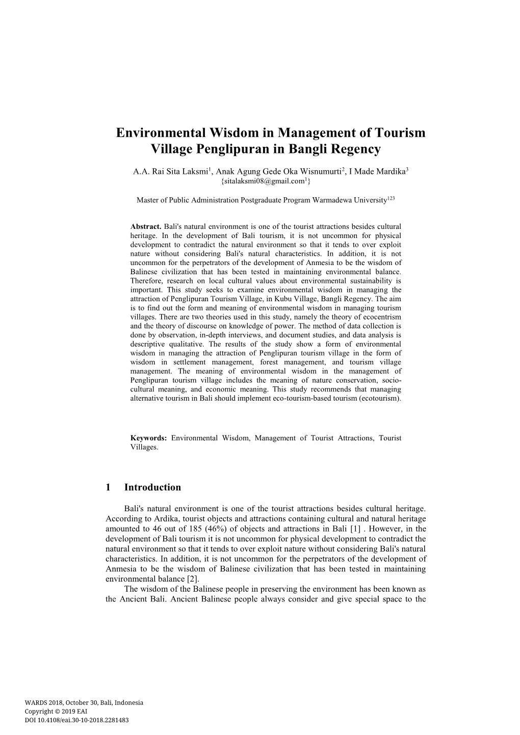 Environmental Wisdom in Management of Tourism Village Penglipuran in Bangli Regency