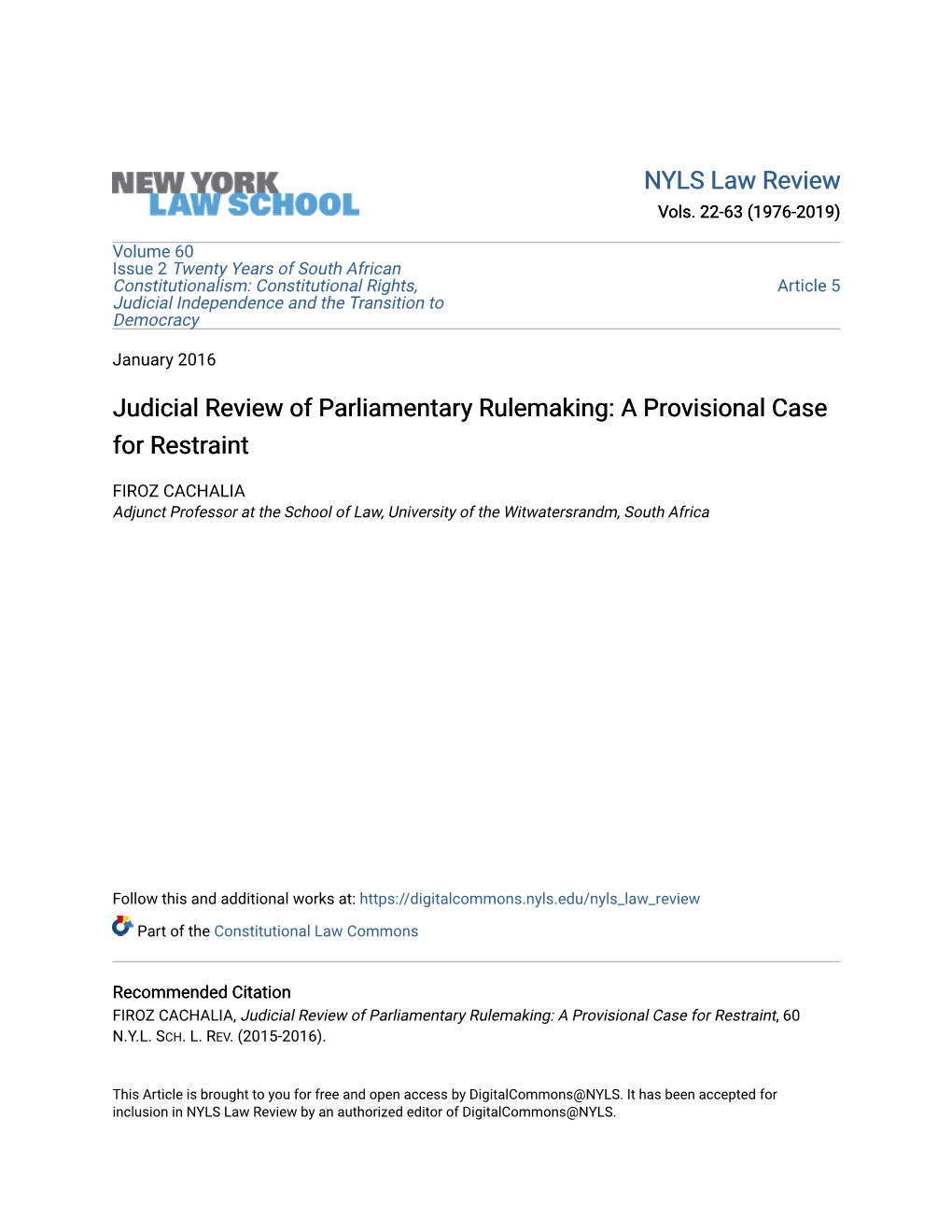 Judicial Review of Parliamentary Rulemaking: a Provisional Case for Restraint