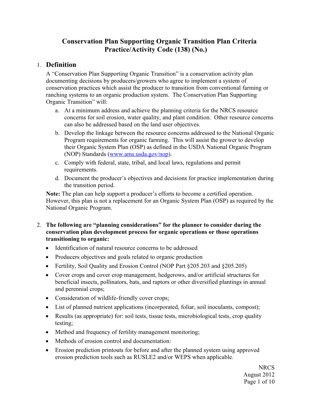 Transition To Organic System Plan Criteria