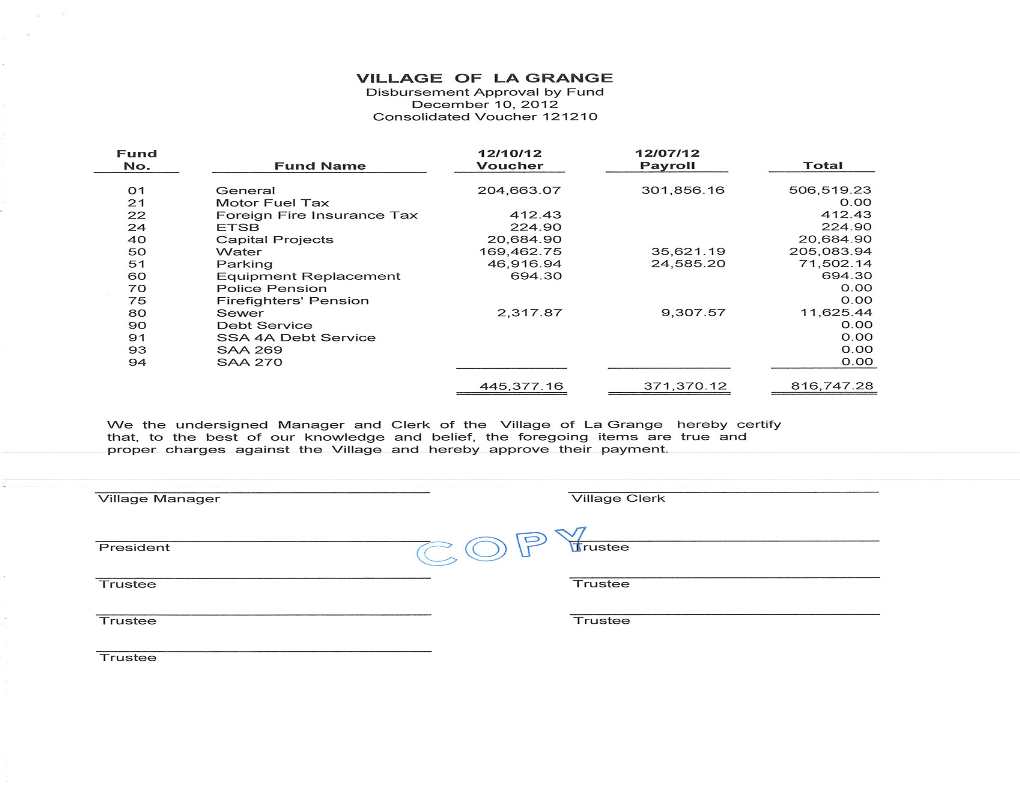 VILLAGE of LA GRANGE Disbursement Approval by Fund December 10,2012 Consolidated Voucher 121210