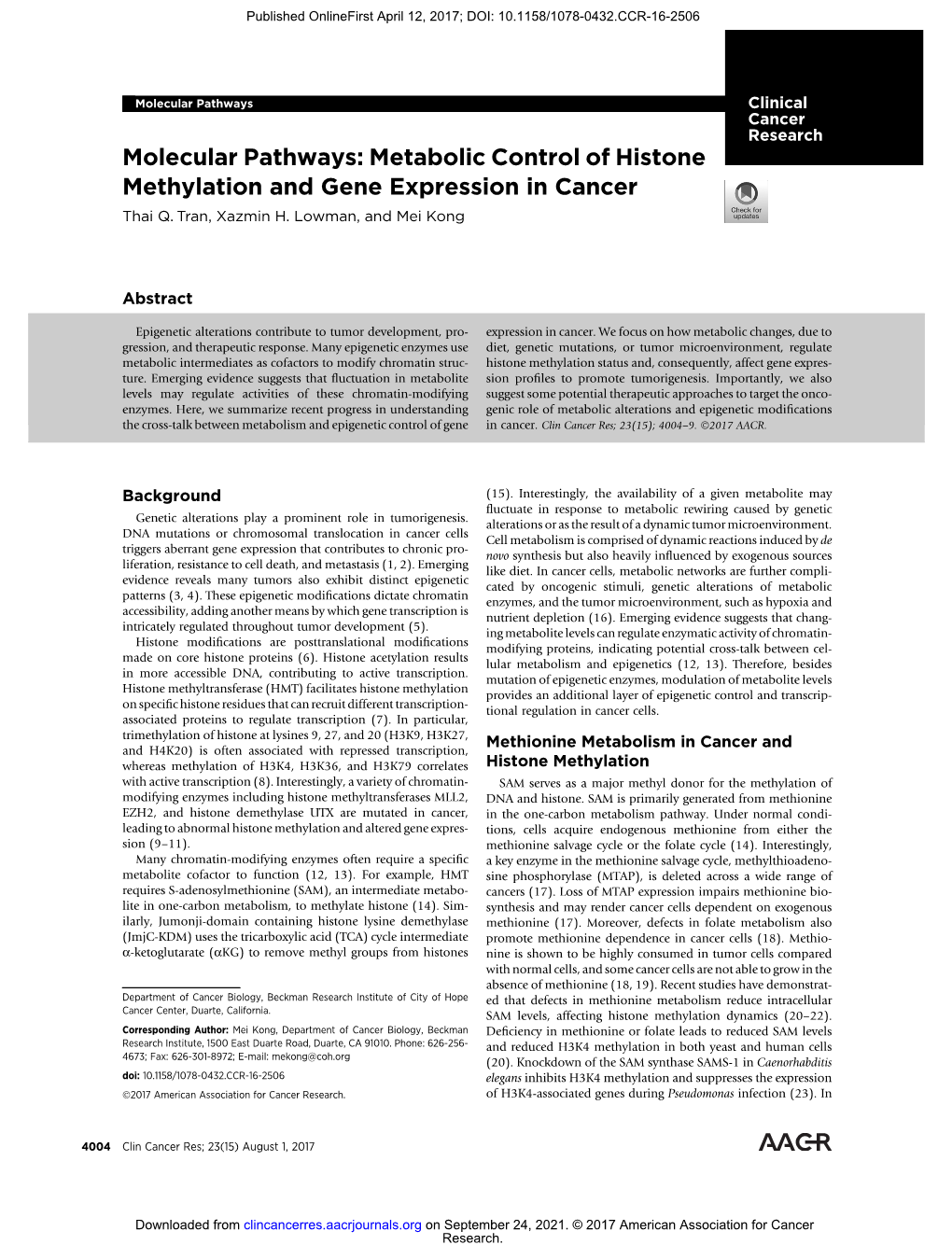 Metabolic Control of Histone Methylation and Gene Expression in Cancer Thai Q