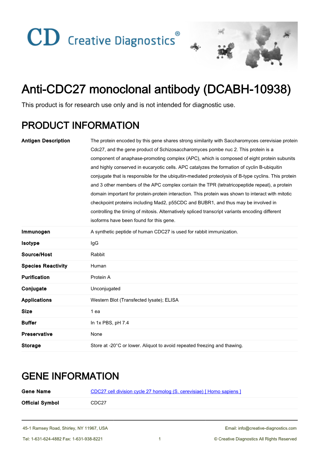 Anti-CDC27 Monoclonal Antibody (DCABH-10938) This Product Is for Research Use Only and Is Not Intended for Diagnostic Use