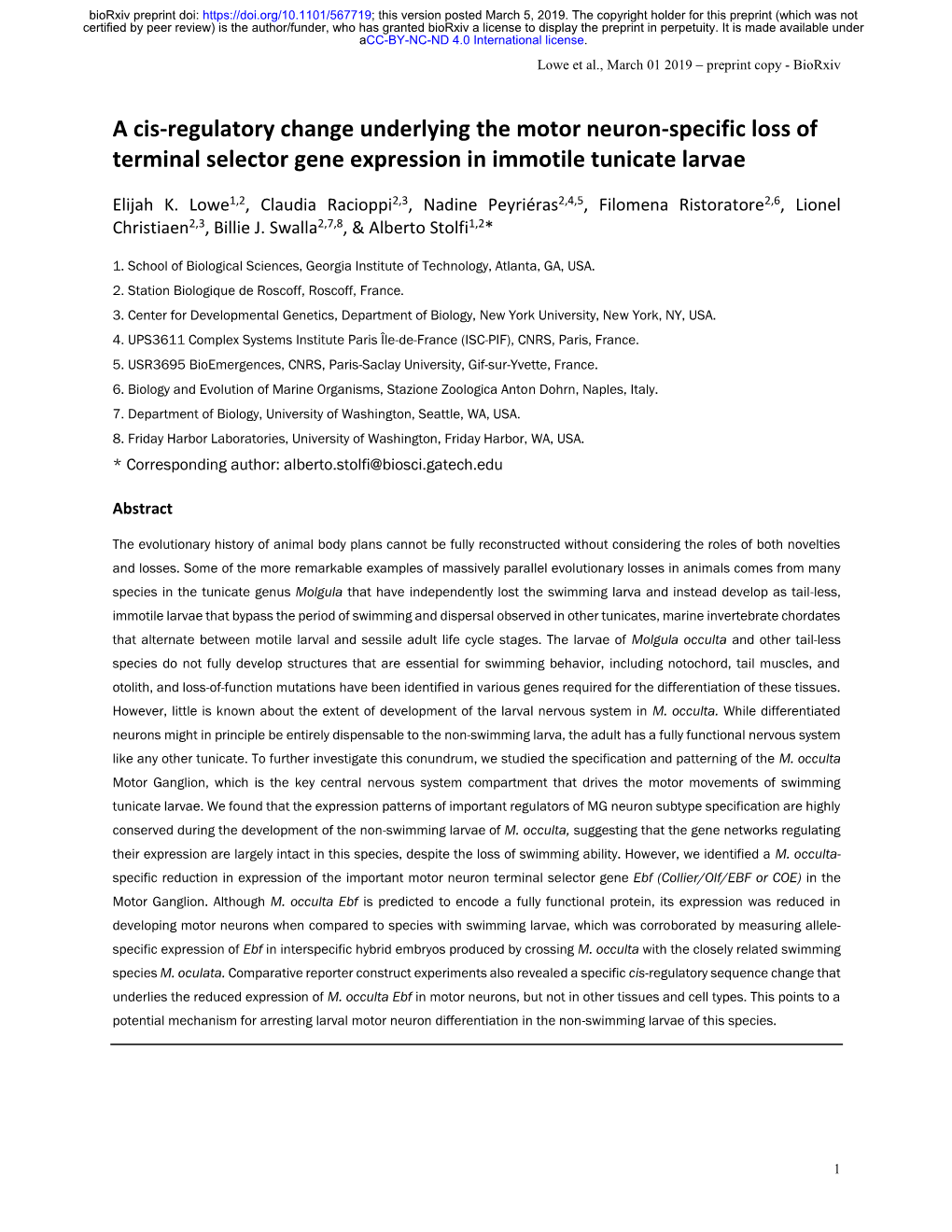 A Cis-Regulatory Change Underlying the Motor Neuron-Specific Loss of Terminal Selector Gene Expression in Immotile Tunicate Larvae